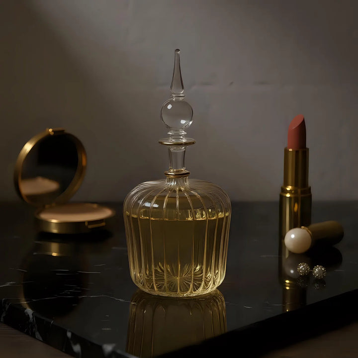 Hand Blown Glass Perfume Bottle: 14k Gold Accents, Elegant Home Decor