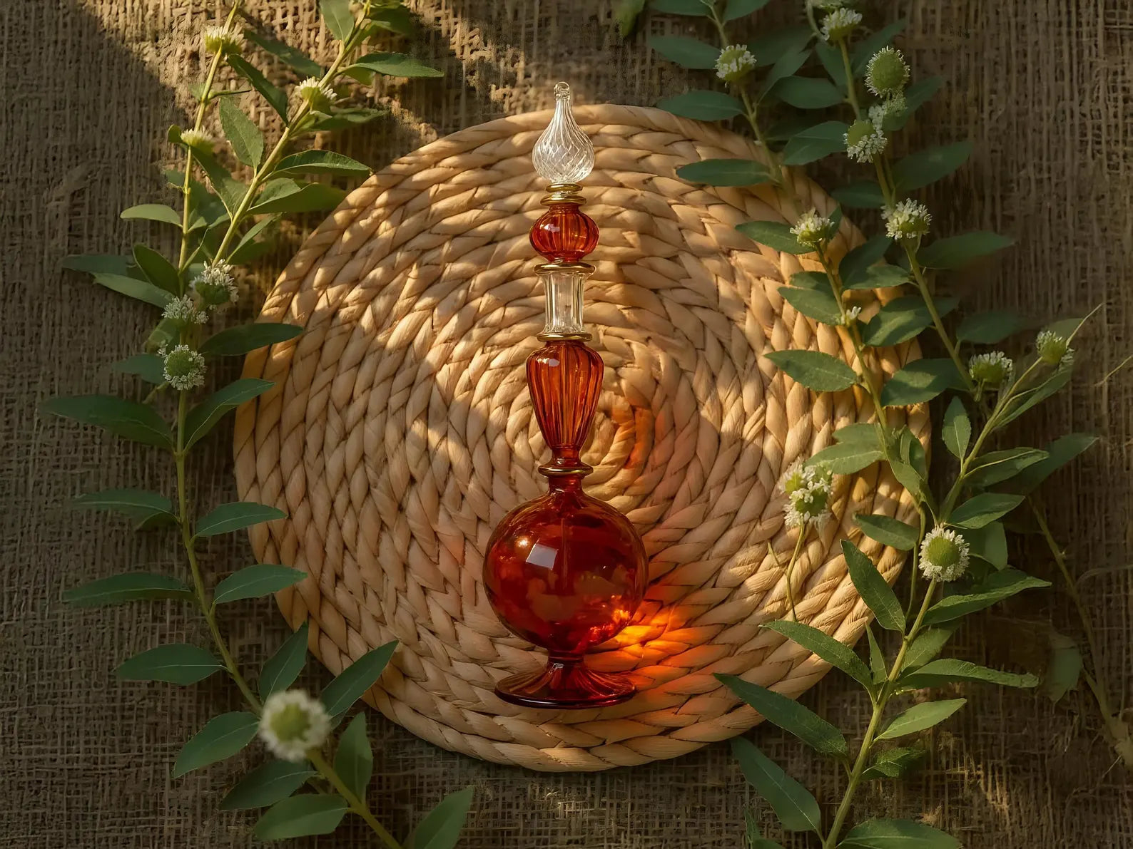 Hand Blown Glass Perfume Bottle: Egyptian Decor, 14k Gold Detail