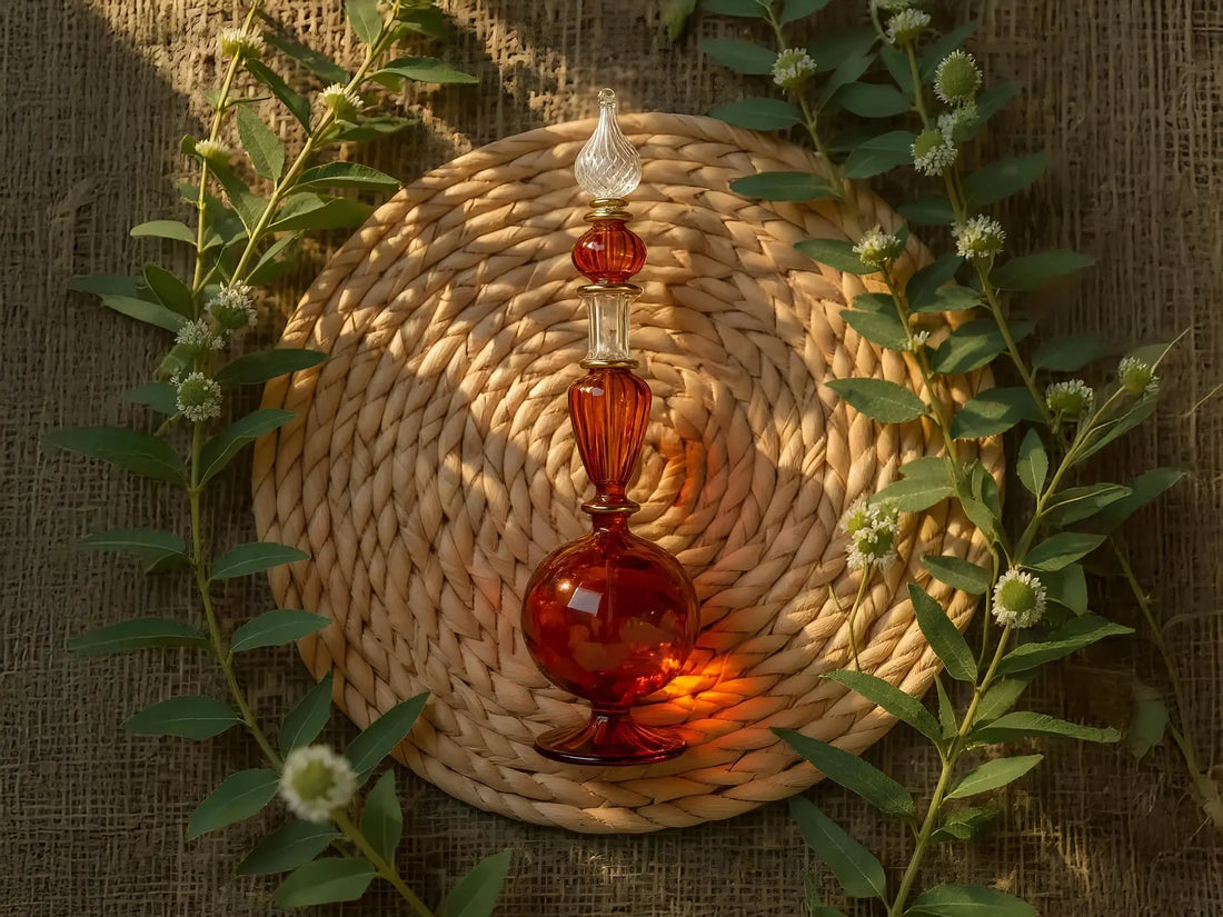 Hand Blown Glass Perfume Bottle: Egyptian Decor, 14k Gold Detail