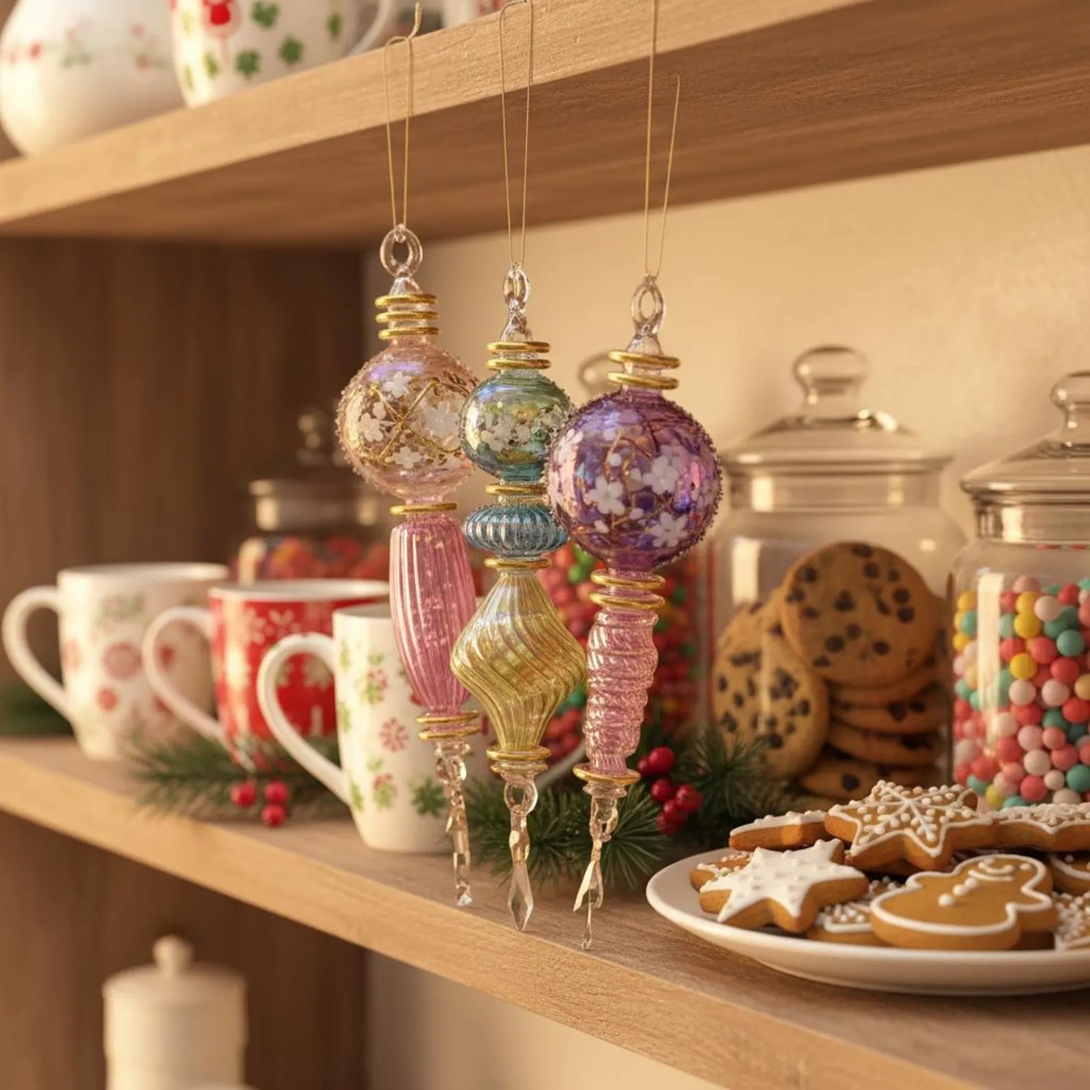 Set of 3 Blown Glass Christmas Ornaments Handmade Glass Baubles with 14k Gold