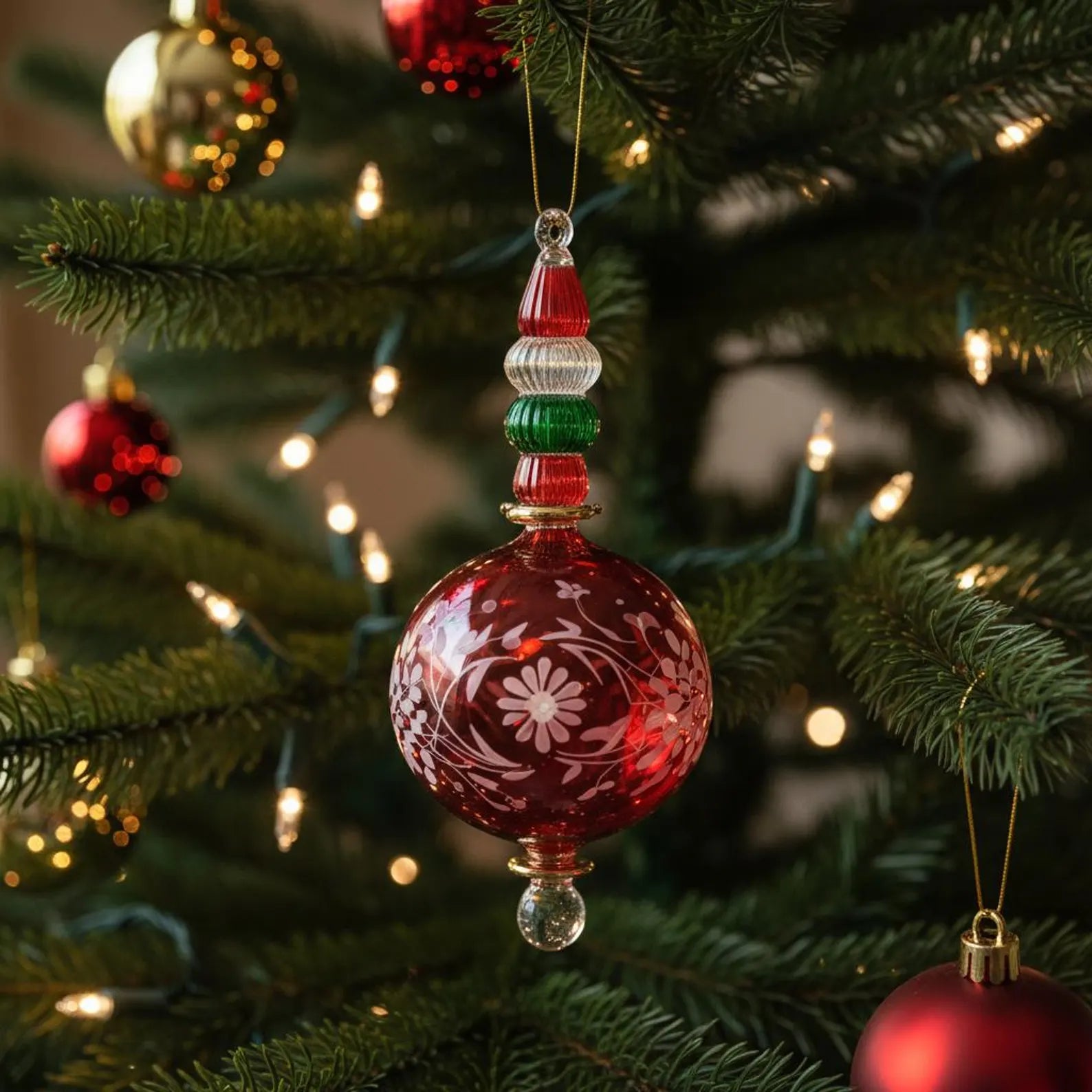 Red Blown Glass Christmas Ornaments With 14k Gold Paint