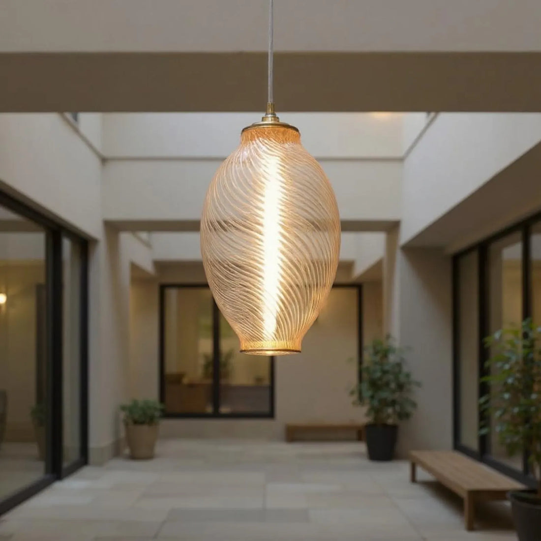 Amber Ribbed Glass Pendant Light