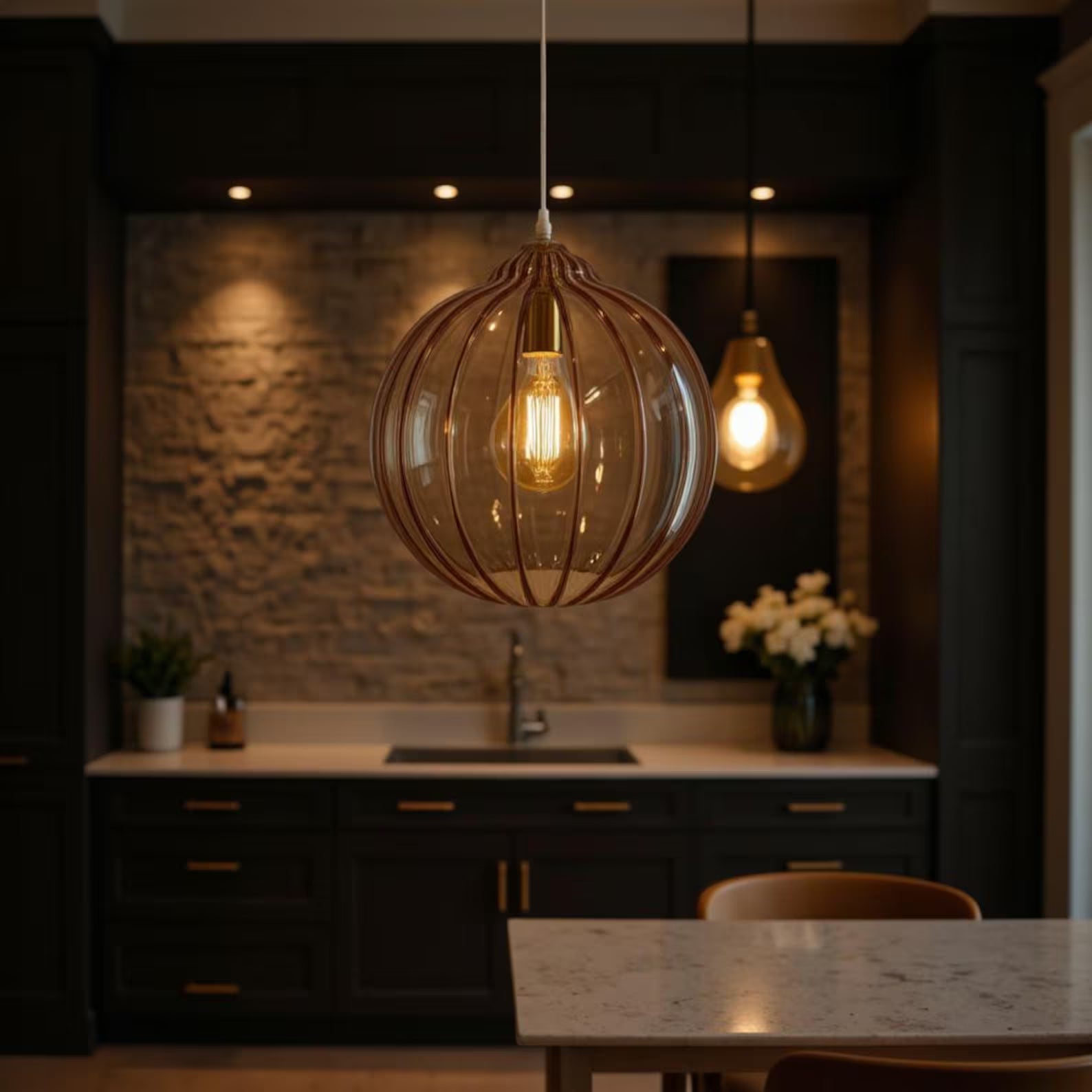 Ribbed Glass Globe Pendant Lighting