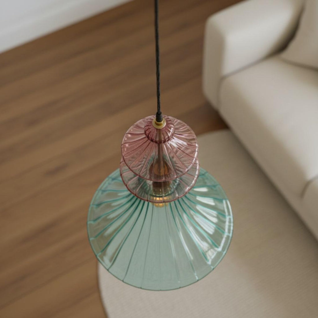 Teal Ribbed Glass Pendant Light