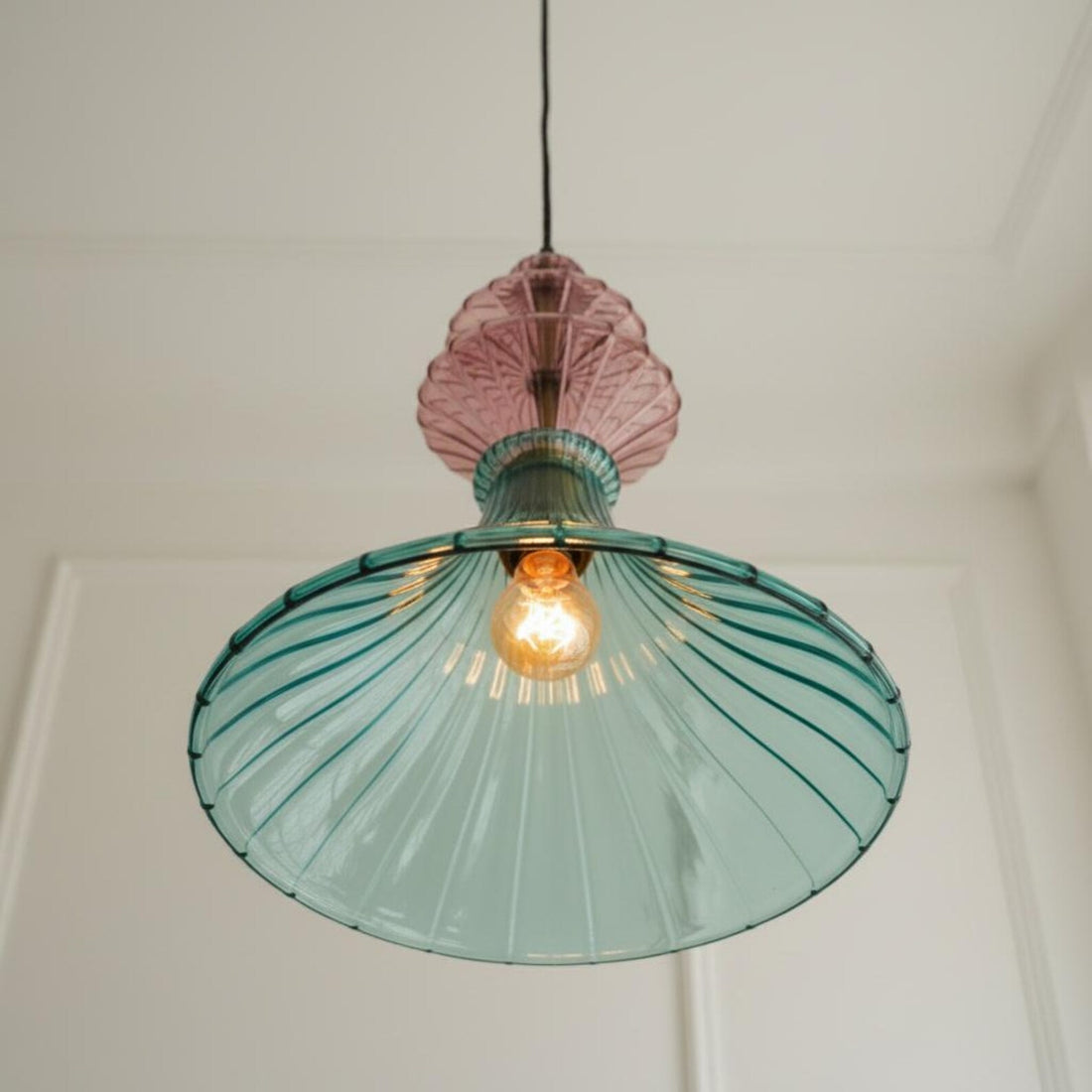Teal Ribbed Glass Pendant Light
