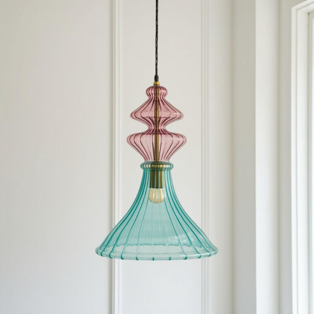 Teal Ribbed Glass Pendant Light