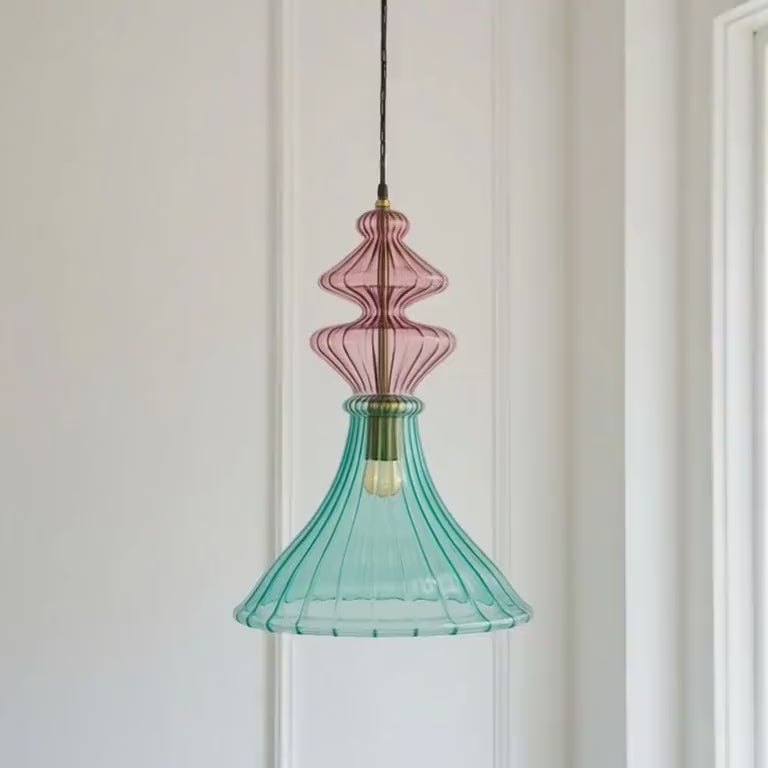 Teal Ribbed Glass Pendant Light