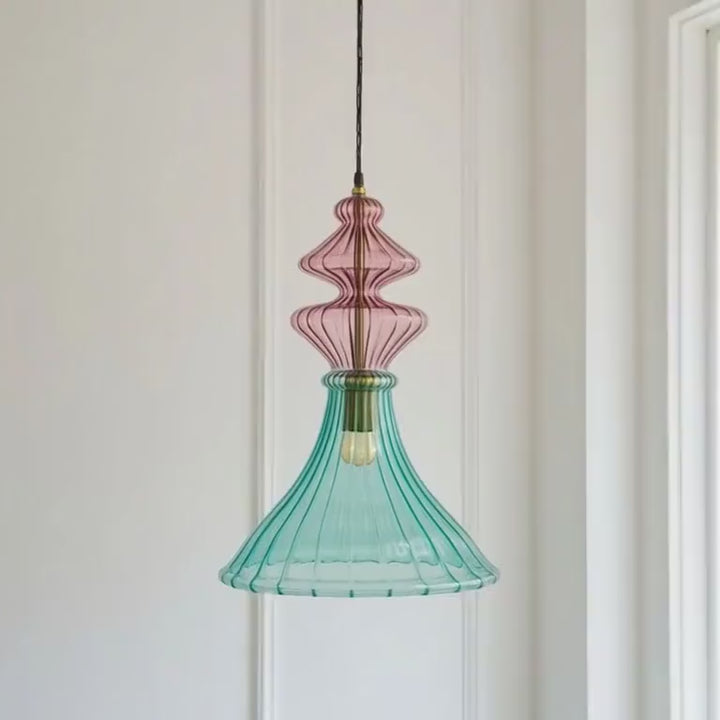 Teal Ribbed Glass Pendant Light