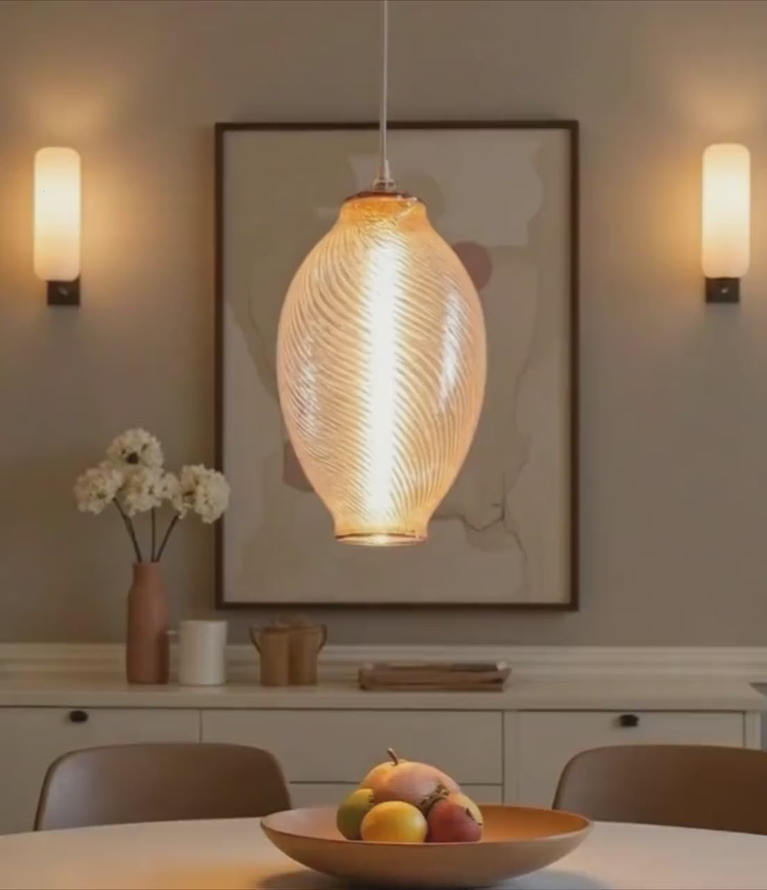 Amber Ribbed Glass Pendant Light