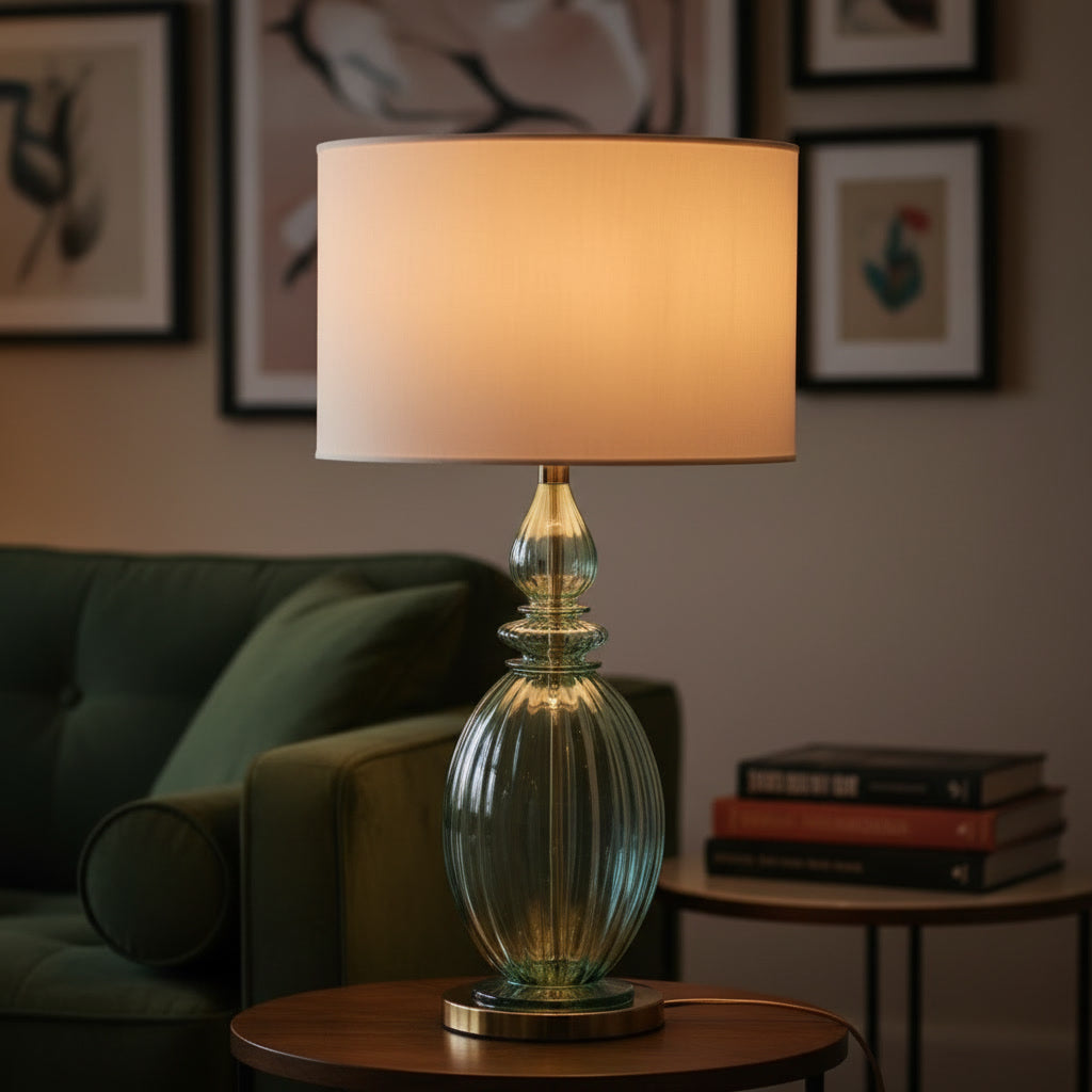 Hand Blown Green Glass Table Lamp – Ribbed Glass & Brass Accent Light