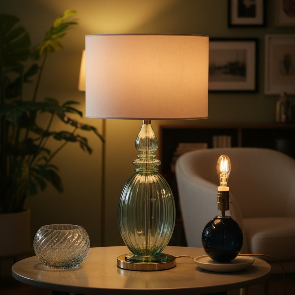 Hand Blown Green Glass Table Lamp – Ribbed Glass & Brass Accent Light