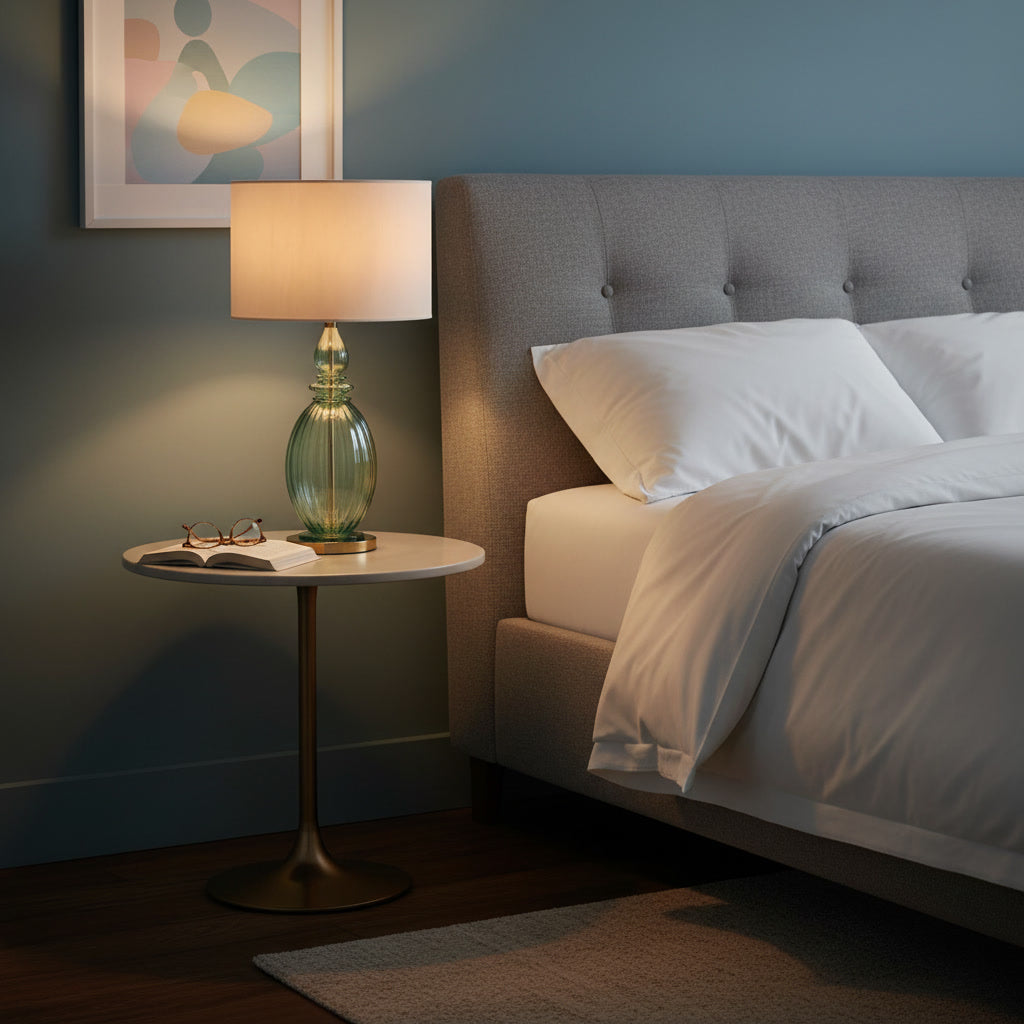 Hand Blown Green Glass Table Lamp – Ribbed Glass & Brass Accent Light