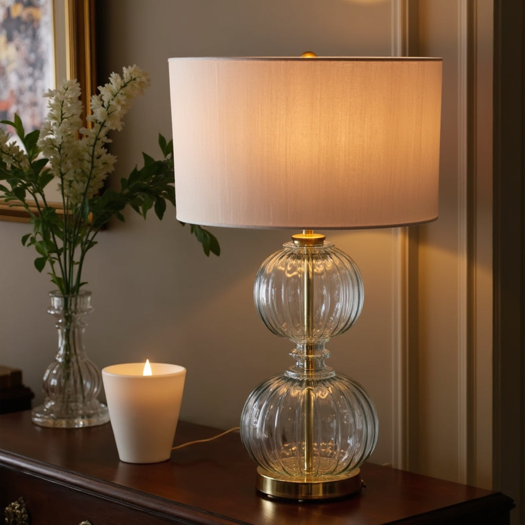 Hand Blown Ribbed Glass Table Lamp – Clear Glass & Brass Bedside Lighting
