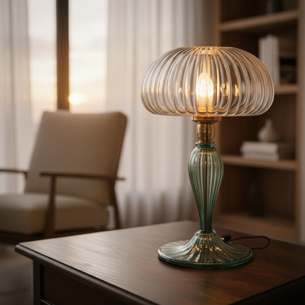 Hand Blown Green Glass Table Lamp – Ribbed Glass Bedside Light