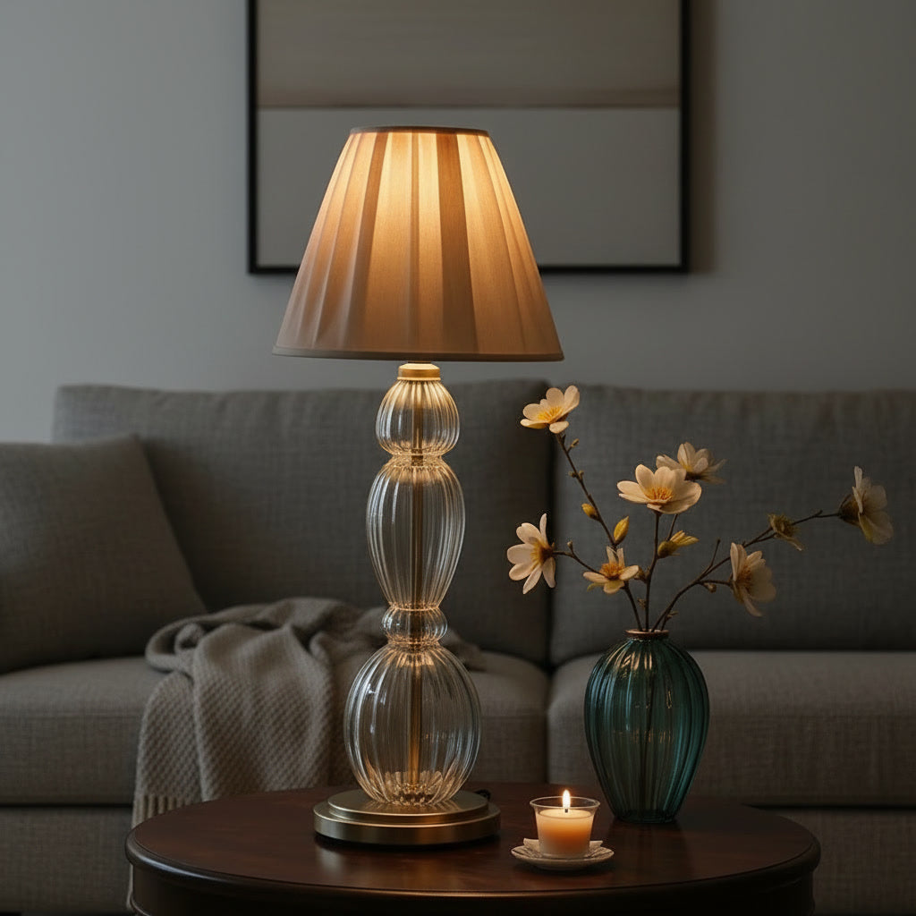 Hand Blown Clear Glass Table Lamp – Tall Ribbed Glass & Brass Accent Light