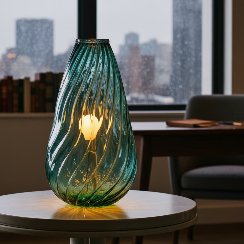 Hand Blown Teal Glass Table Lamp – Swirl Glass Sculptural Accent Light