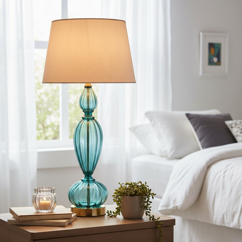Hand Blown Teal Glass Table Lamp – Tall Ribbed Glass & Brass Accent Light