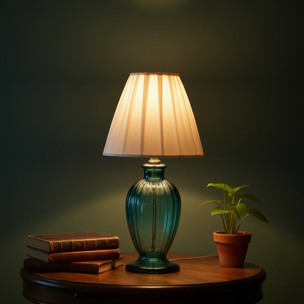 Hand Blown Emerald Green Glass Table Lamp – Ribbed Glass Bedside Light