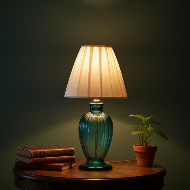 Hand Blown Emerald Green Glass Table Lamp – Ribbed Glass Bedside Light