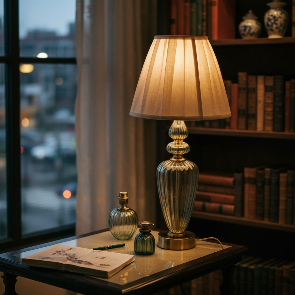 Hand Blown Light Green Glass Table Lamp – Tall Ribbed Glass & Brass Accent Light