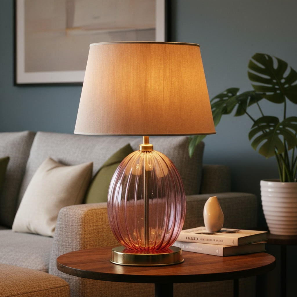 Hand Blown Pink Glass Table Lamp – Ribbed Glass & Brass Bedside Light
