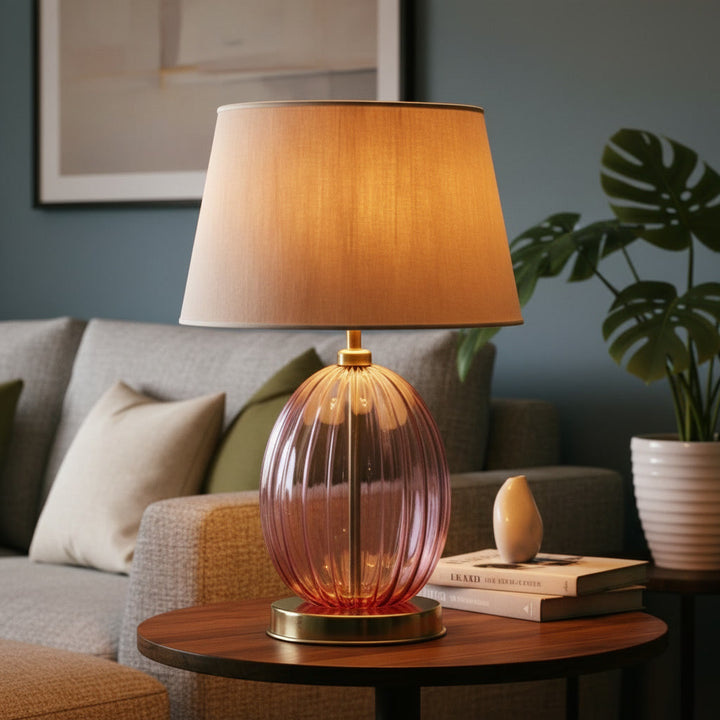 Hand Blown Pink Glass Table Lamp – Ribbed Glass & Brass Bedside Light