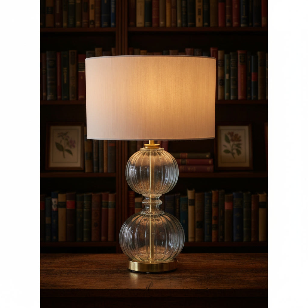 Hand Blown Ribbed Glass Table Lamp – Clear Glass & Brass Bedside Lighting