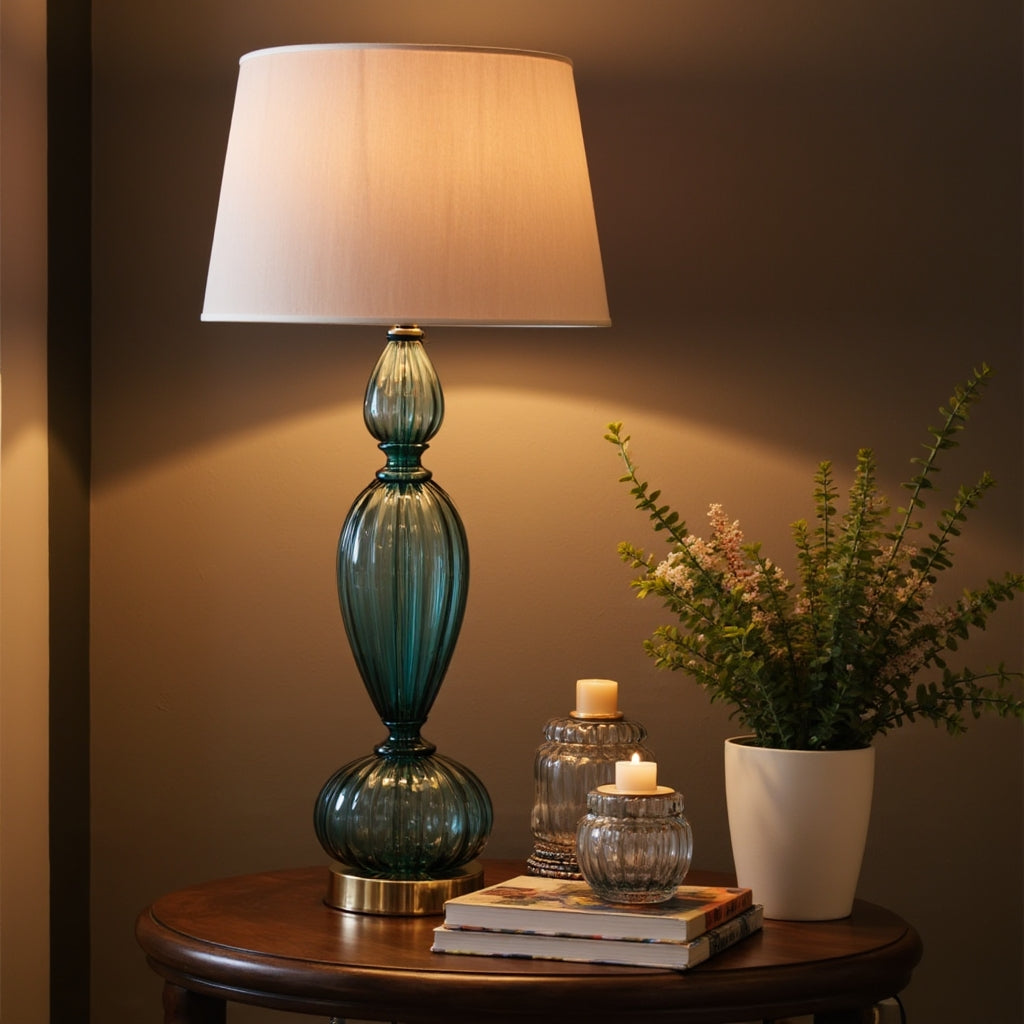 Hand Blown Teal Glass Table Lamp – Tall Ribbed Glass & Brass Accent Light