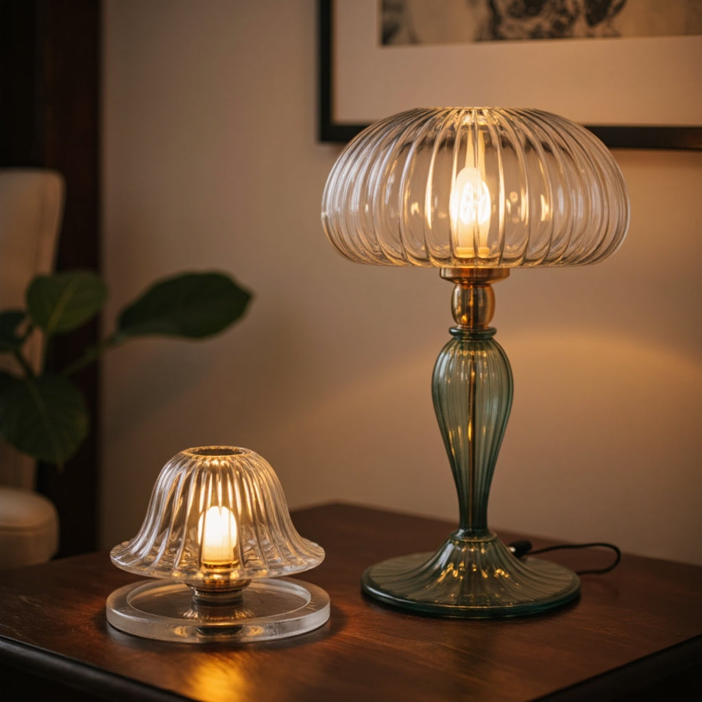 Hand Blown Green Glass Table Lamp – Ribbed Glass Bedside Light