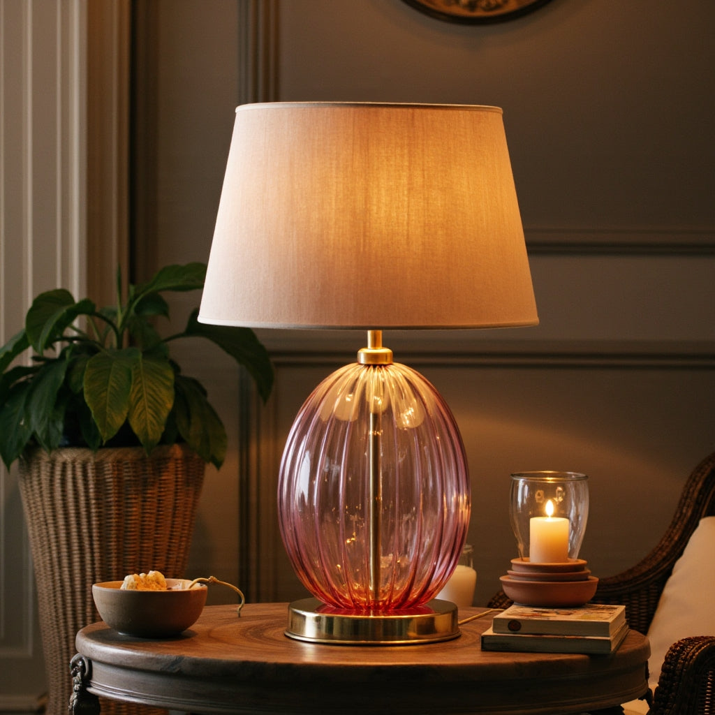 Hand Blown Pink Glass Table Lamp – Ribbed Glass & Brass Bedside Light