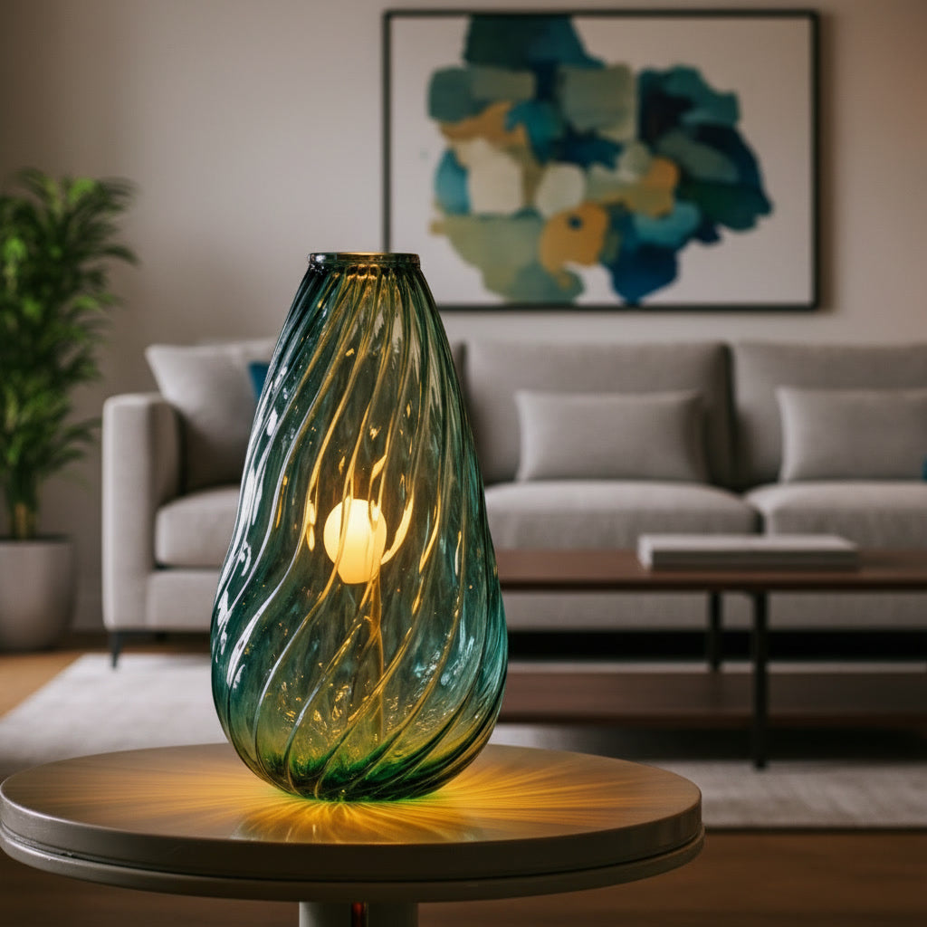 Hand Blown Teal Glass Table Lamp – Swirl Glass Sculptural Accent Light