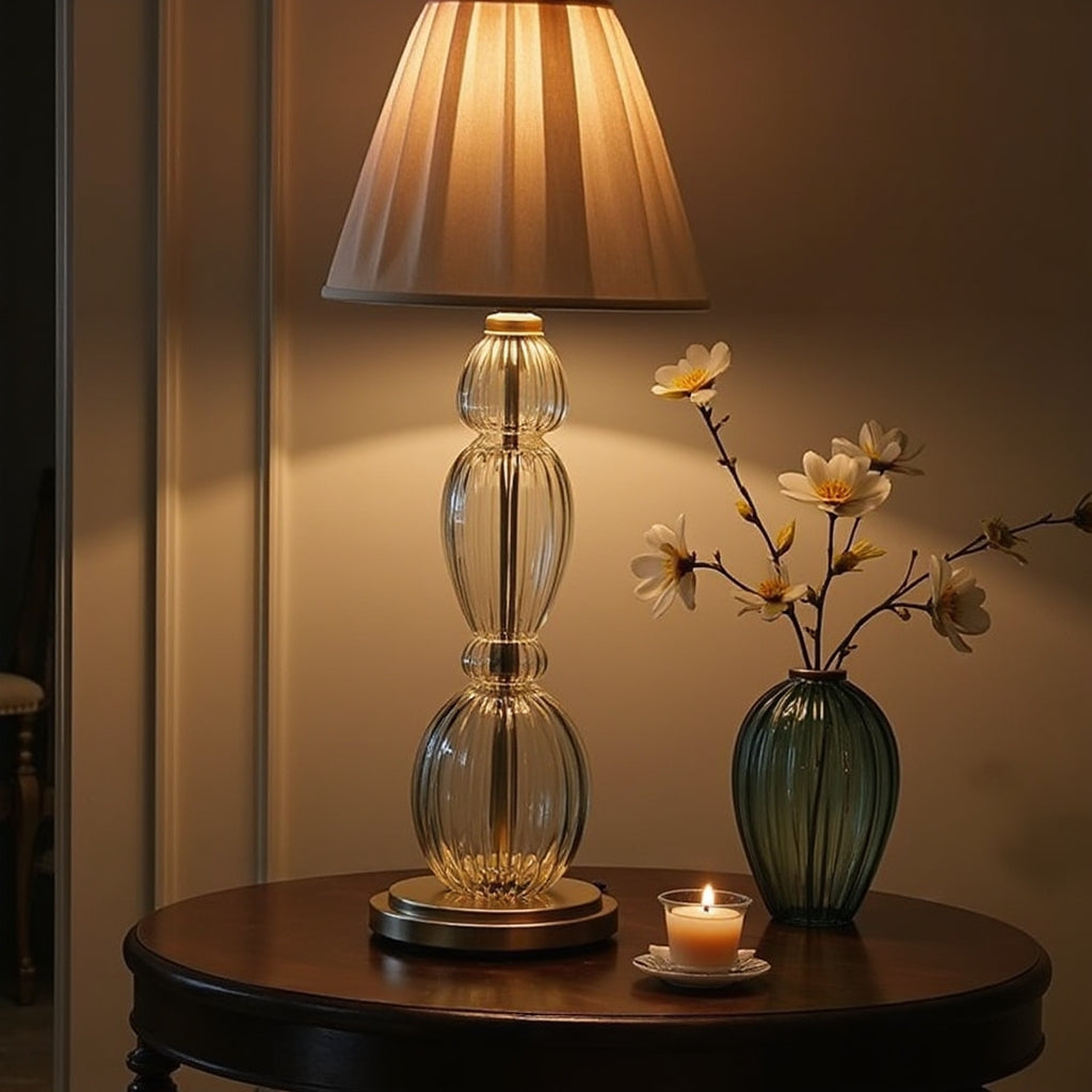 Hand Blown Clear Glass Table Lamp – Tall Ribbed Glass & Brass Accent Light