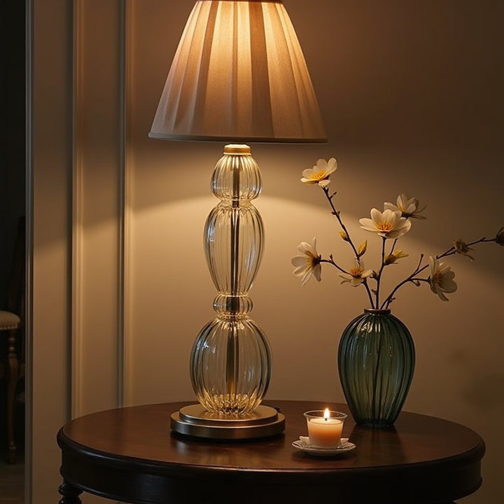 Hand Blown Clear Glass Table Lamp – Tall Ribbed Glass & Brass Accent Light