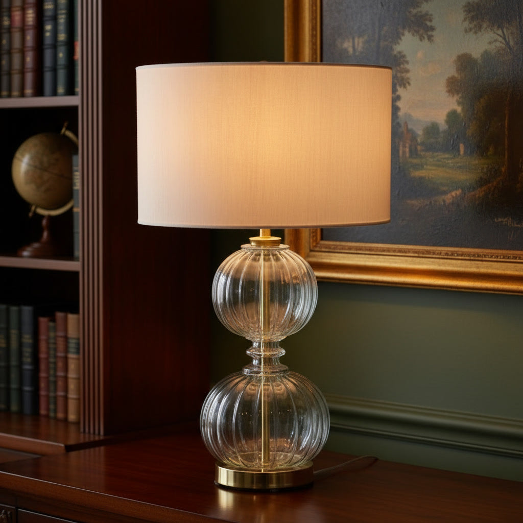 Hand Blown Ribbed Glass Table Lamp – Clear Glass & Brass Bedside Lighting