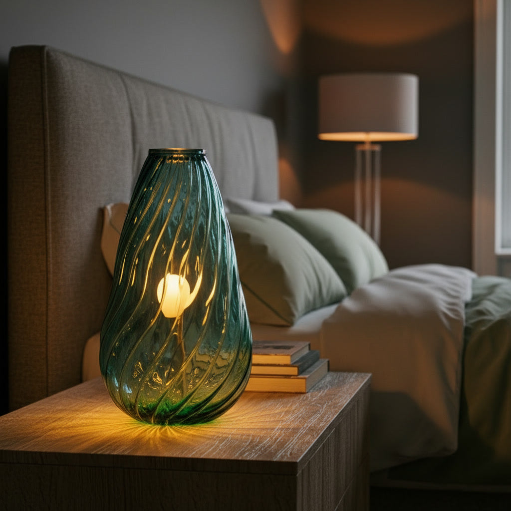 Hand Blown Teal Glass Table Lamp – Swirl Glass Sculptural Accent Light
