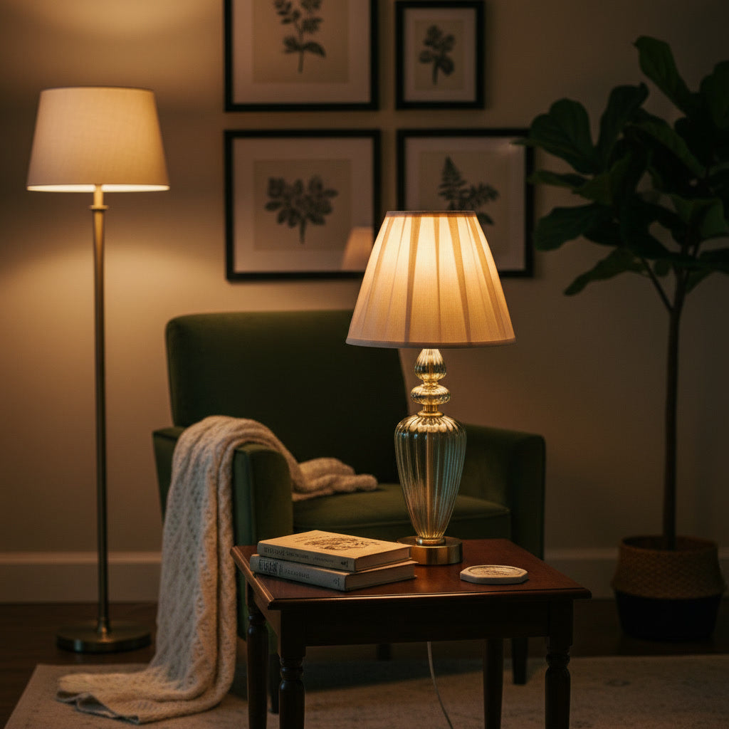 Hand Blown Light Green Glass Table Lamp – Tall Ribbed Glass & Brass Accent Light