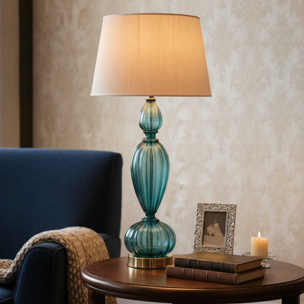 Hand Blown Teal Glass Table Lamp – Tall Ribbed Glass & Brass Accent Light