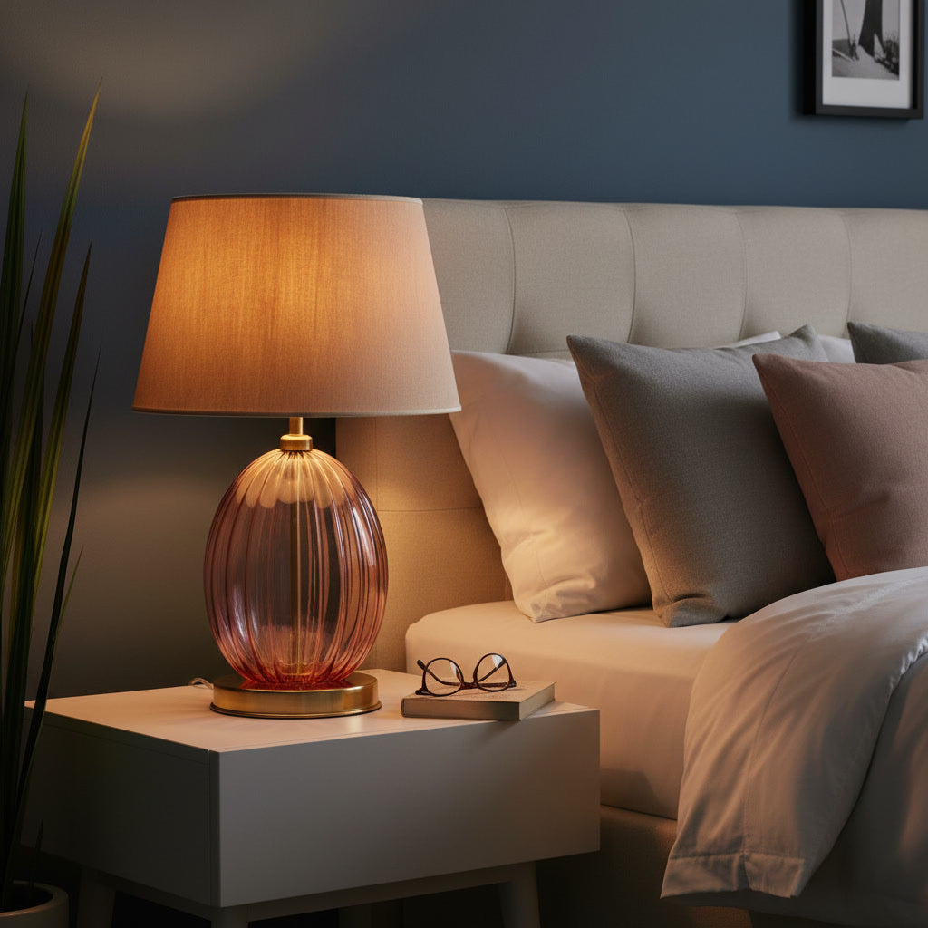 Hand Blown Pink Glass Table Lamp – Ribbed Glass & Brass Bedside Light