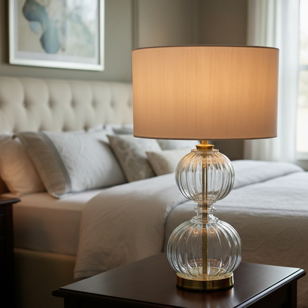 Hand Blown Ribbed Glass Table Lamp – Clear Glass & Brass Bedside Lighting