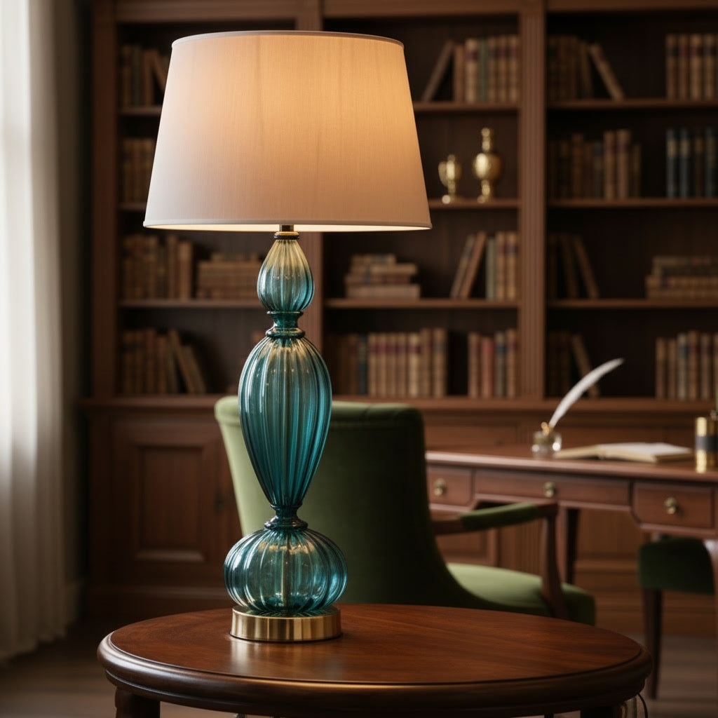 Hand Blown Teal Glass Table Lamp – Tall Ribbed Glass & Brass Accent Light
