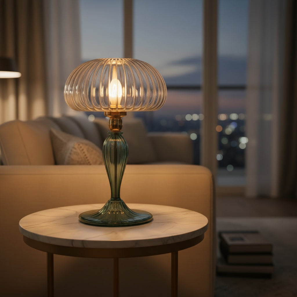 Hand Blown Green Glass Table Lamp – Ribbed Glass Bedside Light