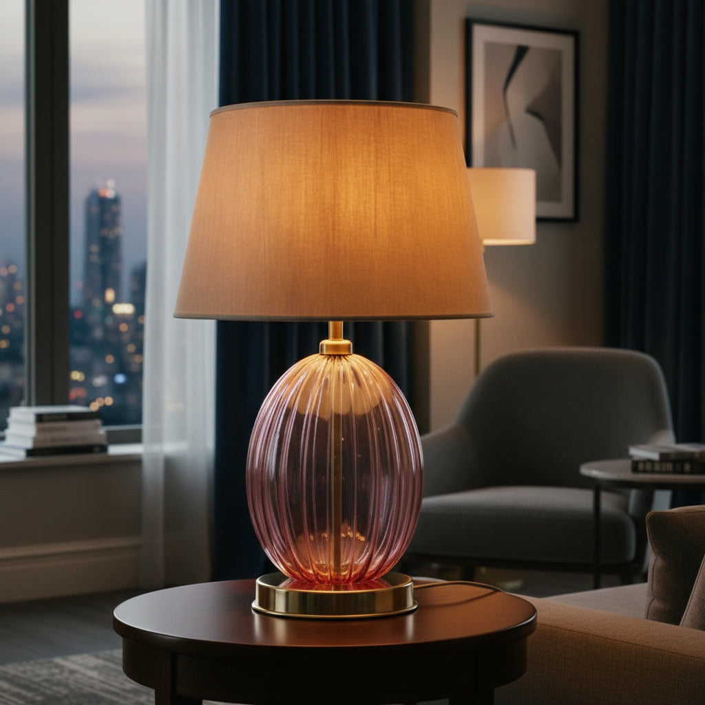 Hand Blown Pink Glass Table Lamp – Ribbed Glass & Brass Bedside Light