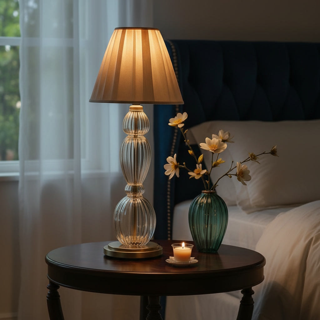 Hand Blown Clear Glass Table Lamp – Tall Ribbed Glass & Brass Accent Light