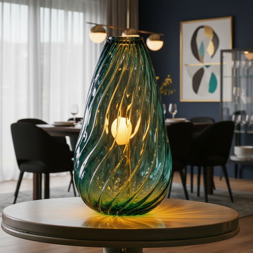 Hand Blown Teal Glass Table Lamp – Swirl Glass Sculptural Accent Light