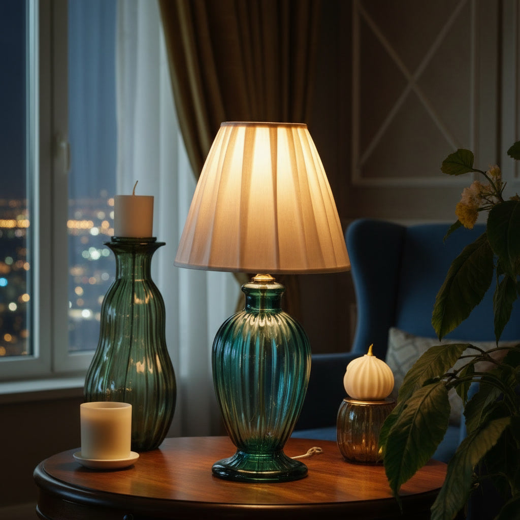 Hand Blown Emerald Green Glass Table Lamp – Ribbed Glass Bedside Light