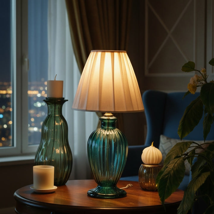 Hand Blown Emerald Green Glass Table Lamp – Ribbed Glass Bedside Light