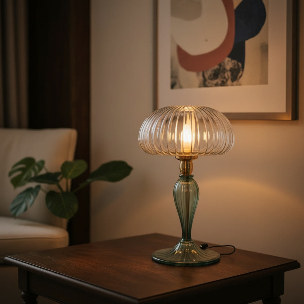 Hand Blown Green Glass Table Lamp – Ribbed Glass Bedside Light