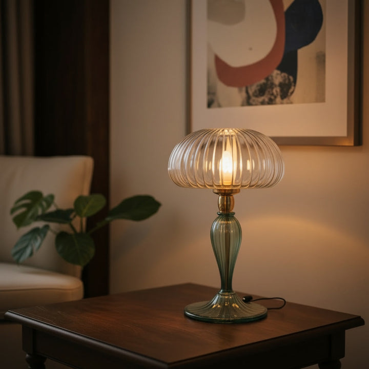 Hand Blown Green Glass Table Lamp – Ribbed Glass Bedside Light