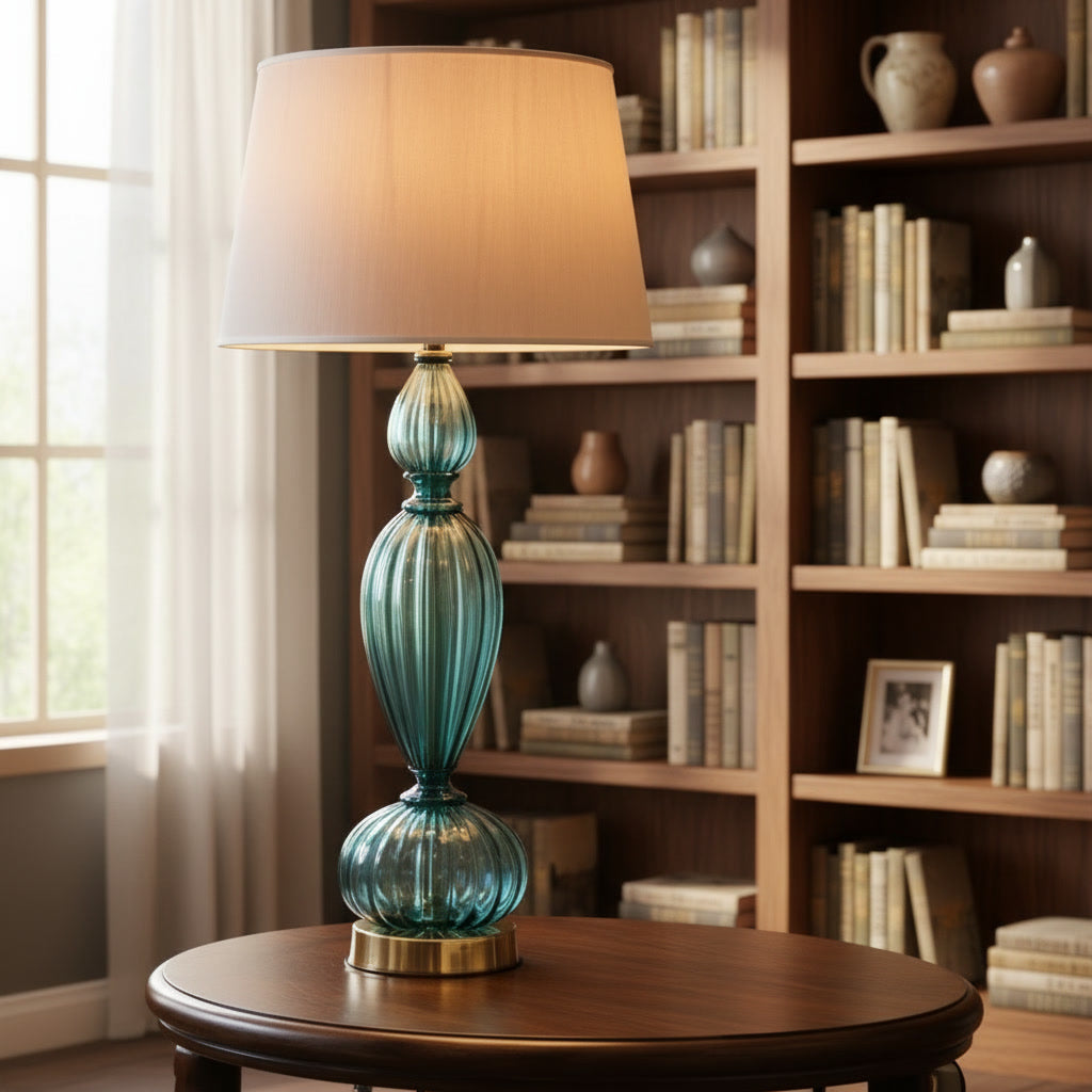 Hand Blown Teal Glass Table Lamp – Tall Ribbed Glass & Brass Accent Light