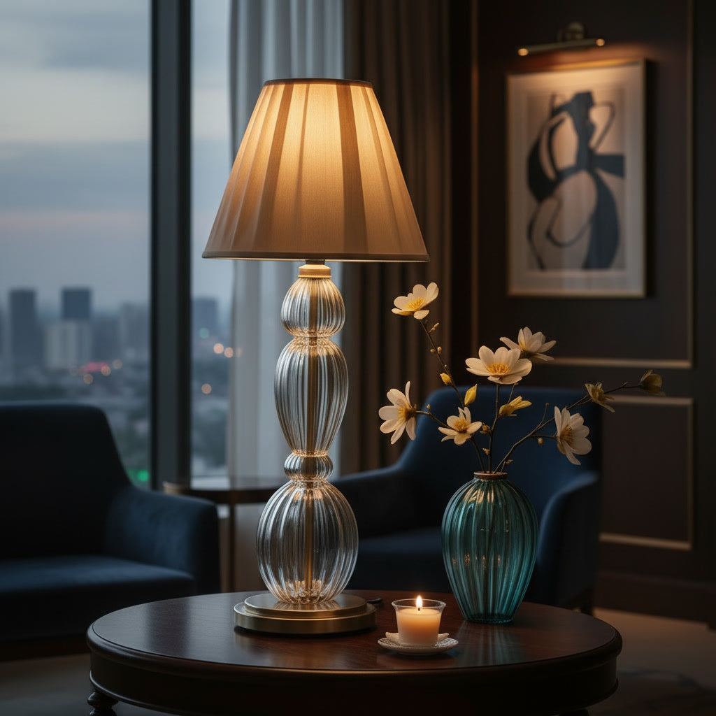 Hand Blown Clear Glass Table Lamp – Tall Ribbed Glass & Brass Accent Light
